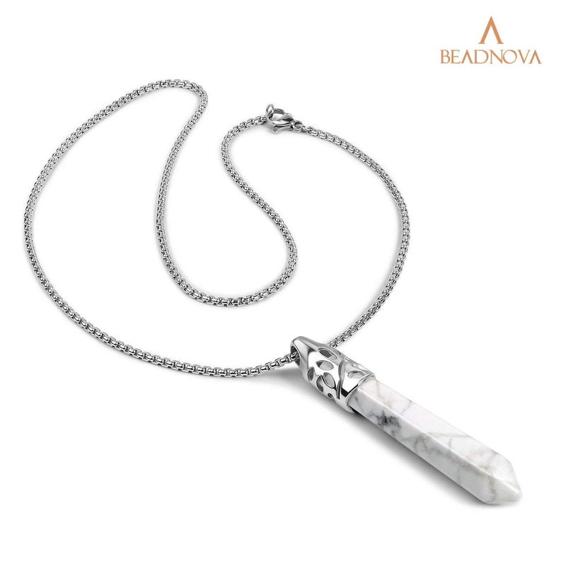 BEADNOVA Healing Crystal Necklace for Women Men White Howlite Pendant Energy Healing Gemstones Jewelry Pendulum Crystal Divination (Hexagonal, 18 Inches Stainless Steel Chain) - Image 2